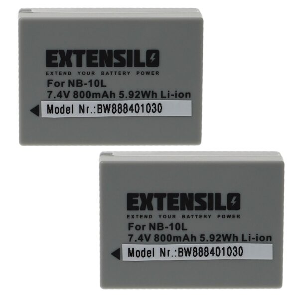 2x Bateria EXTENSILO NB-10L para Canon - 800mAh, 7.4V, Li-Ion