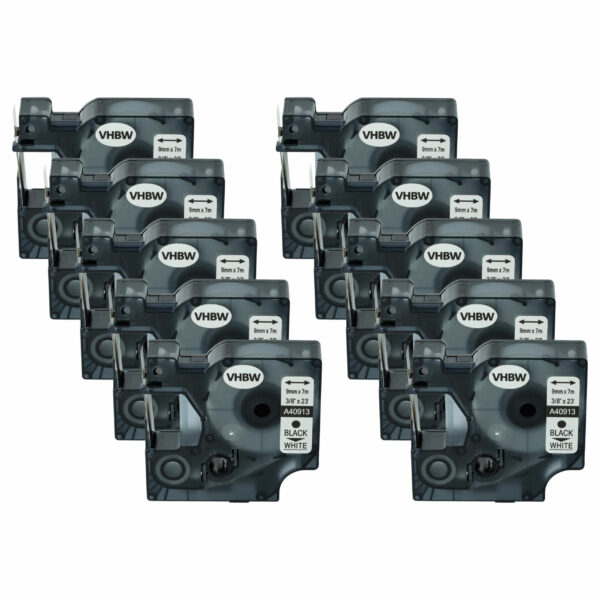 10x Fita de Etiquetas Compatível Dymo S0720680, 40913, D1 - 9 mm Preto em Branco