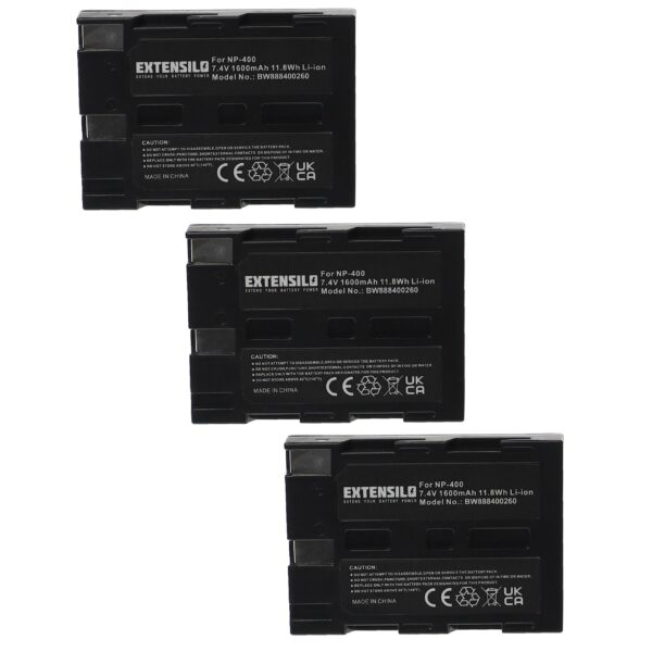 3x Bateria EXTENSILO Substitui Minolta NP-400 1600mAh, 7.4V, Li-Ion