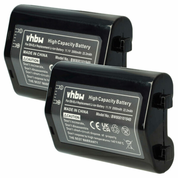 2x Bateria vhbw para Nikon EN-EL4, EN-EL4a - 2000mAh, 11.1V, Li-Ion
