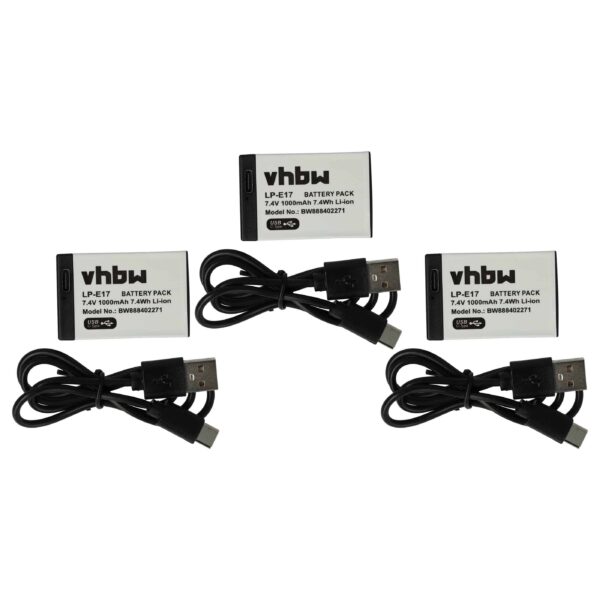3 Baterias vhbw LP-E17 1000mAh 7.4V Li-Ion com Porta USB-C para Canon