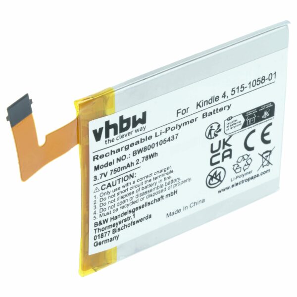 Bateria de substituição vhbw para Amazon eBook 515-1058-01 - 750 mAh 3.7 V Li-polímero
