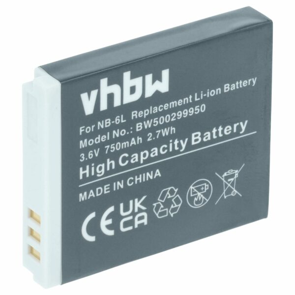 Bateria vhbw compatível com Canon NB-6L / NB-6LH - 750mAh, 3.6V, Li-Ion