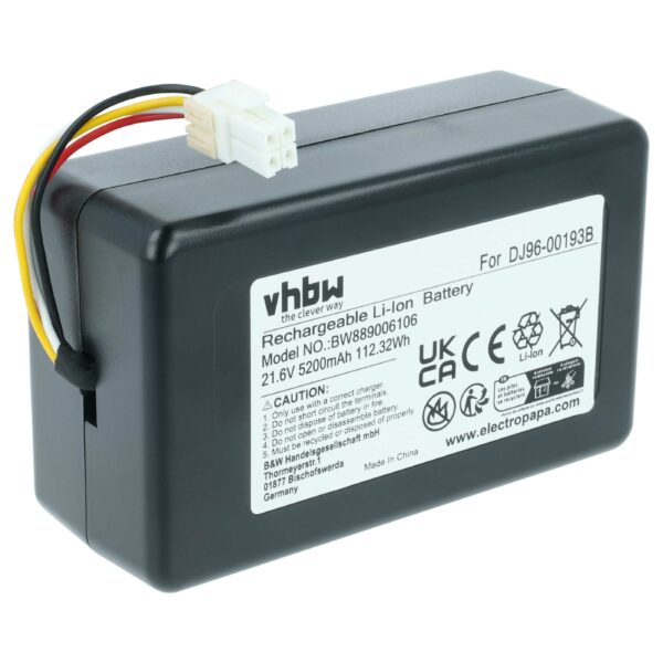 Bateria de substituição vhbw para Samsung DJ96-00193F, DJ96-00193B, DJ68-00741V-00, VCA-RBT72 - 5200mAh, 21.6V, Li-Ion