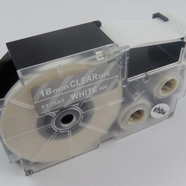 Fita de Etiquetas vhbw Substitui Casio XR-18AX, XR-18AX1 - 18 mm Branco sobre Transparente