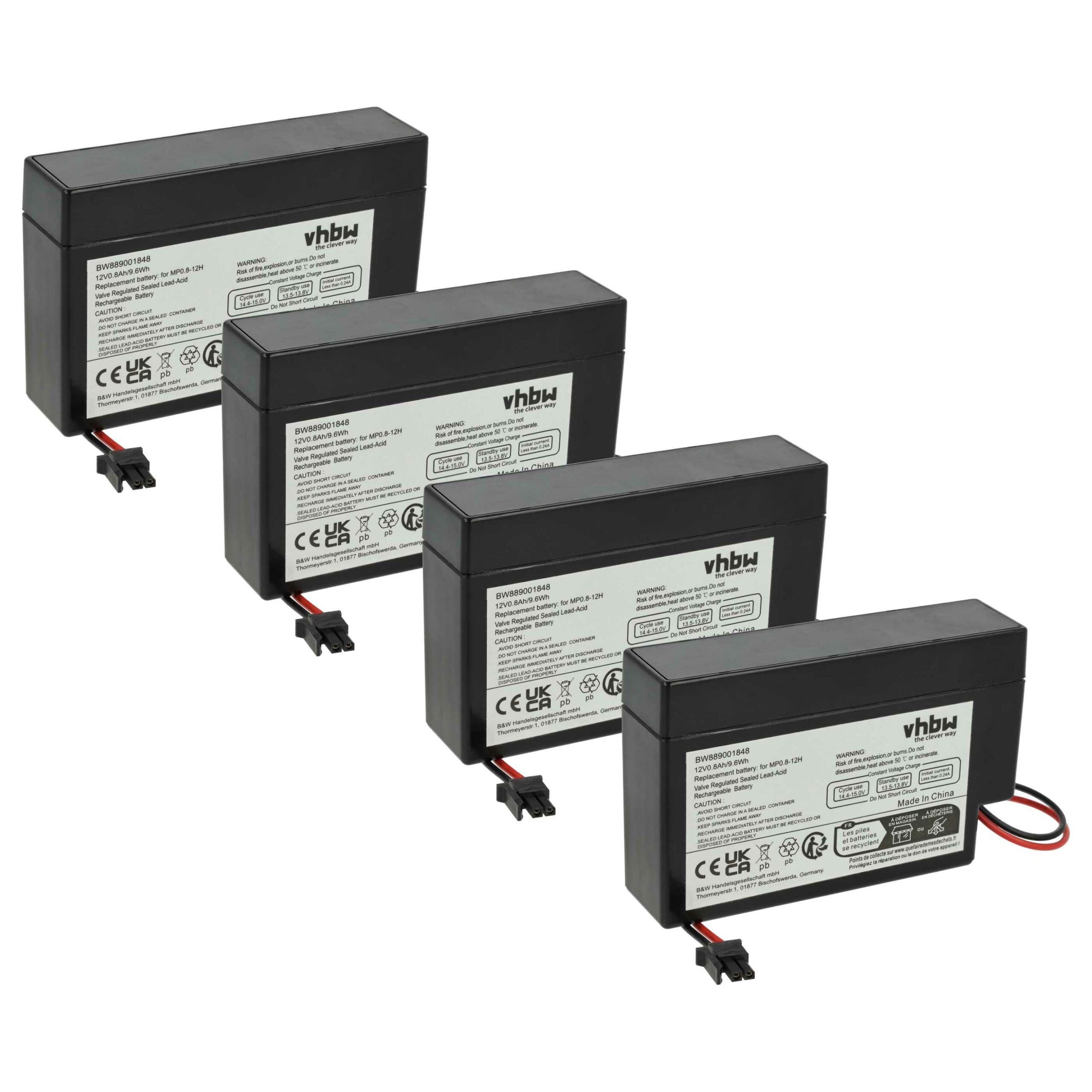 Bateria vhbw 12V 800mAh AGM com conector AMP (substituição MP0.8-12H) - Pack 4 unidades