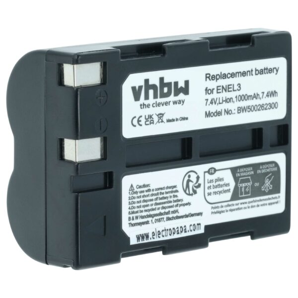 Bateria vhbw para Nikon EN-EL3, EN-EL3a - 1000mAh, 7.2V, Li-Ion