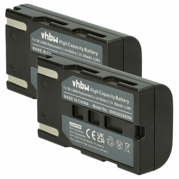 Bateria vhbw para Câmara Samsung SB-LSM160, SB-LSM320, SB-LSM80 - 600 mAh 7.2 V Li-Ion (Pack 2x)