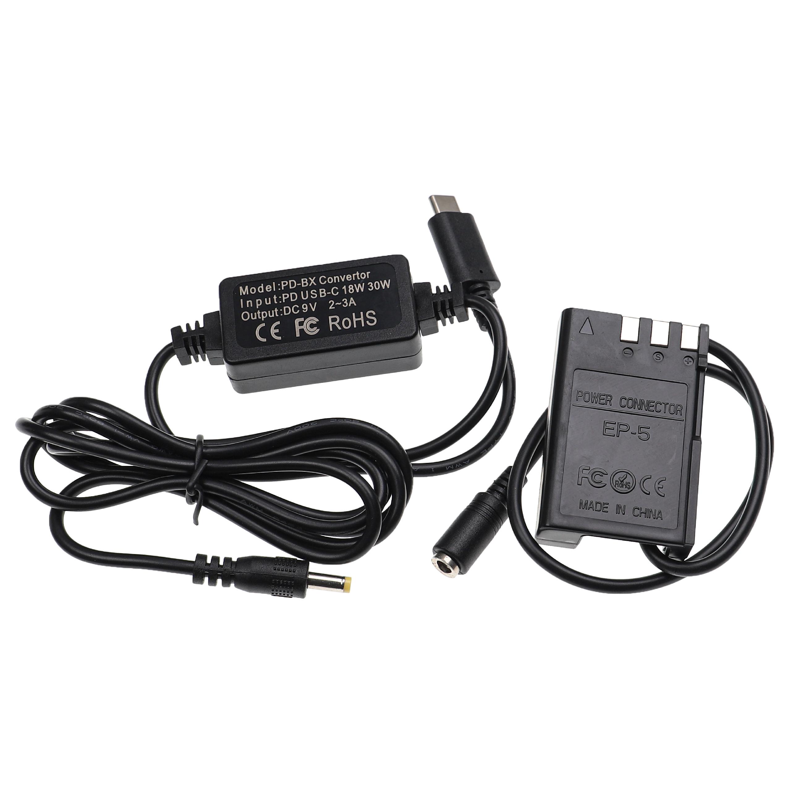 Fonte de Alimentação USB vhbw para Câmaras Nikon EH-5A/EH-5 + Acoplador DC - 2 m, 9 V 3.0 A