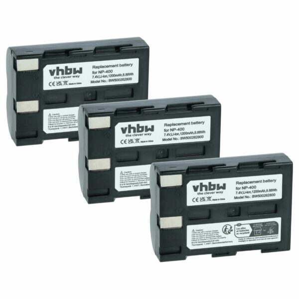 3x Bateria vhbw NP-400 para Konica Minolta e Sigma - 1200mAh, 7.2V, Li-Ion