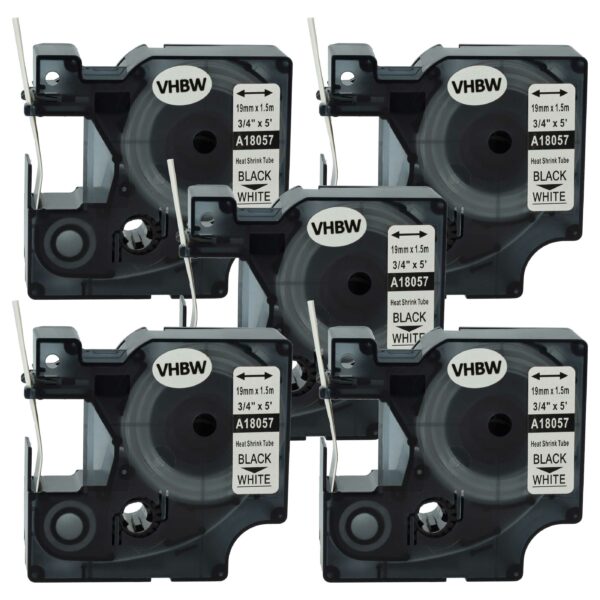 5x Fita Etiquetadora Compatível com Dymo 18057 - Preto sobre Branco, Tubo Termorretrátil, 19 mm