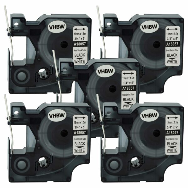5x Fita Etiquetadora Compatível com Dymo 18057 - Preto sobre Branco, Tubo Termorretrátil, 19 mm