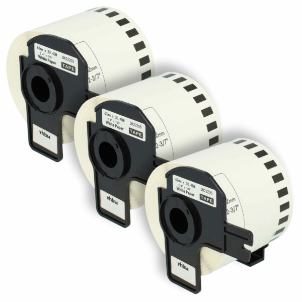 3x Rolo de Etiquetas compatível com Brother DK-22205 - 62 mm x 30,48 m + Suporte