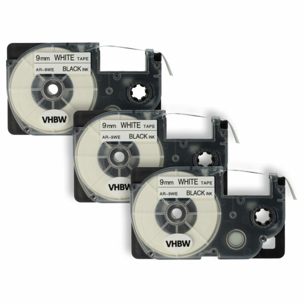 3x Fita de Etiquetas Compatível Casio XR-9WE1, XR-9WE - 9 mm Preto sobre Branco