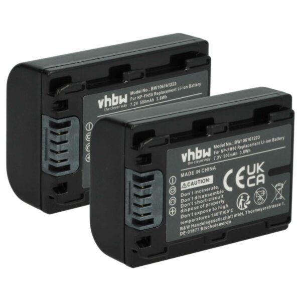 2x Bateria vhbw NP-FH50, NP-FH100, NP-FH70, NP-FH40 - 500mAh, 7.2V, Li-Ion com Chip de Informação