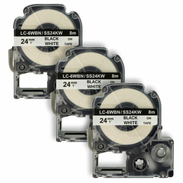 Fita de Etiquetas vhbw - Compatível com Epson LC-6WBN e KingJim SS24KW - 24 mm Preto sobre Branco (Pack 3)