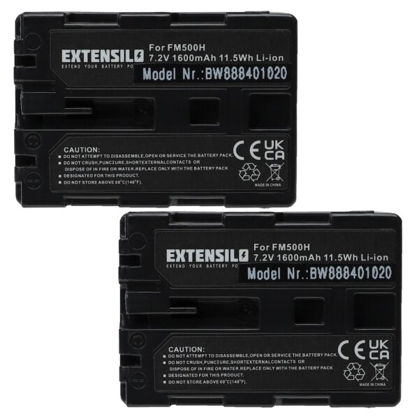2x Baterias EXTENSILO para Sony NP-FM500H - 1600mAh, 7.2V, Li-Ion