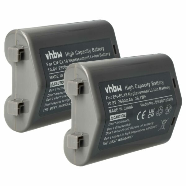 2 Baterias vhbw EN-EL18 compatíveis com Nikon - 2600mAh, 10.8V, Li-Ion com Chip de Informação