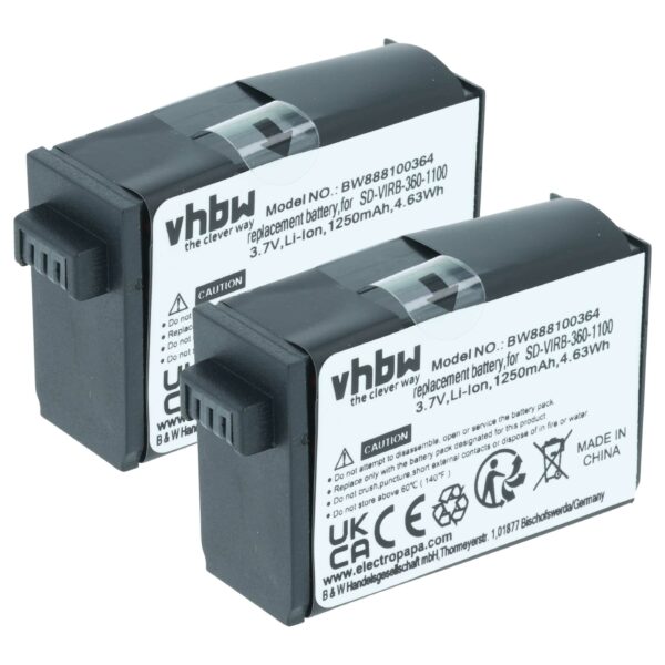 Bateria de Substituição para Câmaras de Vídeo Garmin vhbw - 1250 mAh 3.8 V Li-Ion (Pack 2x)