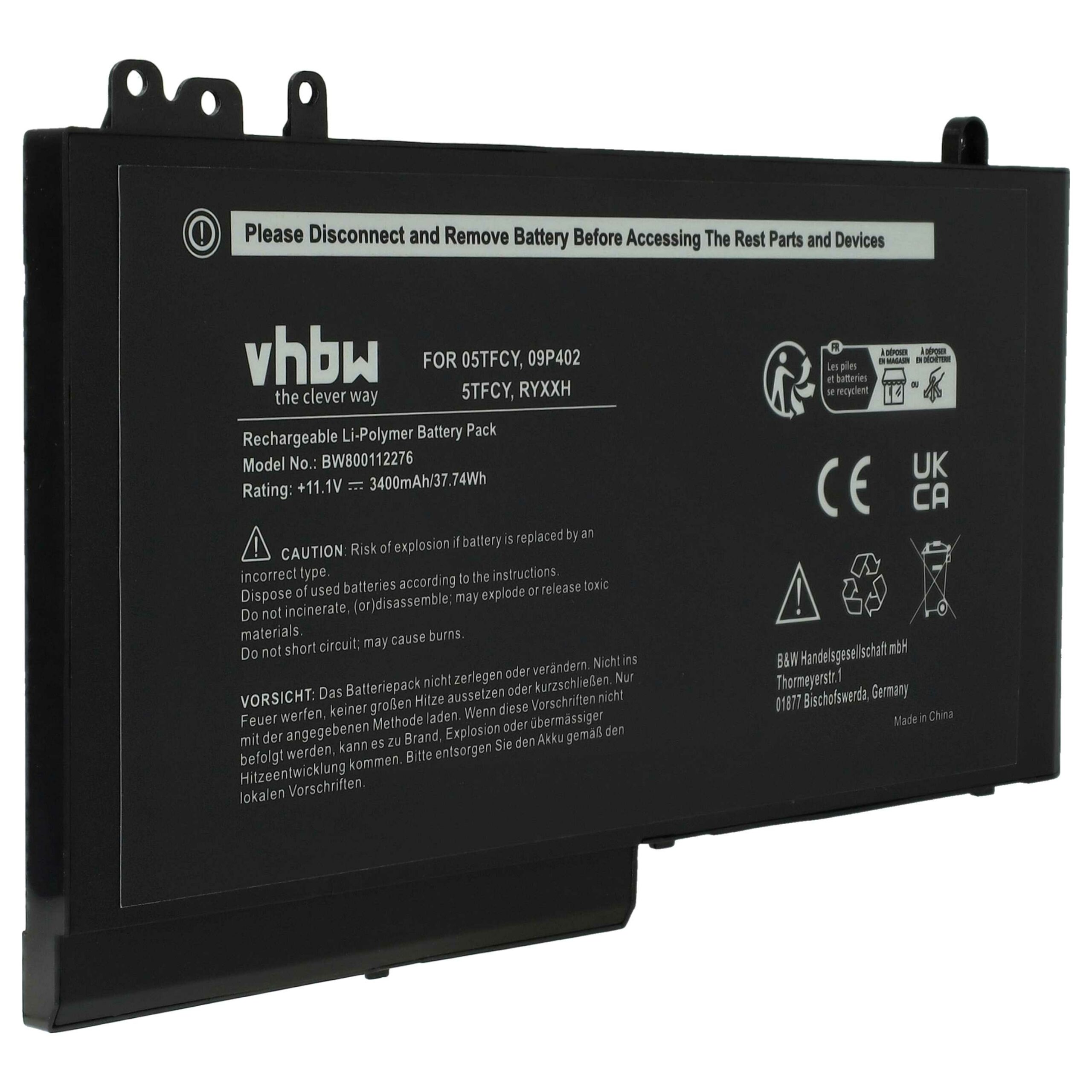 Bateria vhbw para Dell compatível com modelos 09P402, 0JY8D6, 05TFCY, 0PYWG, 0RDRH9 - 3400 mAh 11.1 V Li-polymer - Image 3