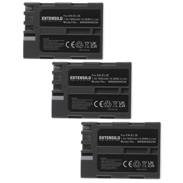 3x Bateria EXTENSILO para Nikon EN-EL3e - 1900mAh, 7.4V, Li-Ion