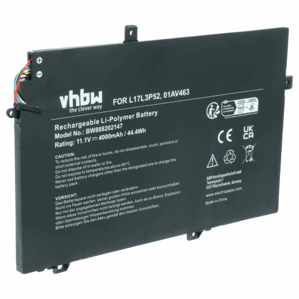 Bateria vhbw para Lenovo 01AV463, 5B10W13894, L17L3P52, SB10K97606 - 4000 mAh 11.1 V Li-polymer