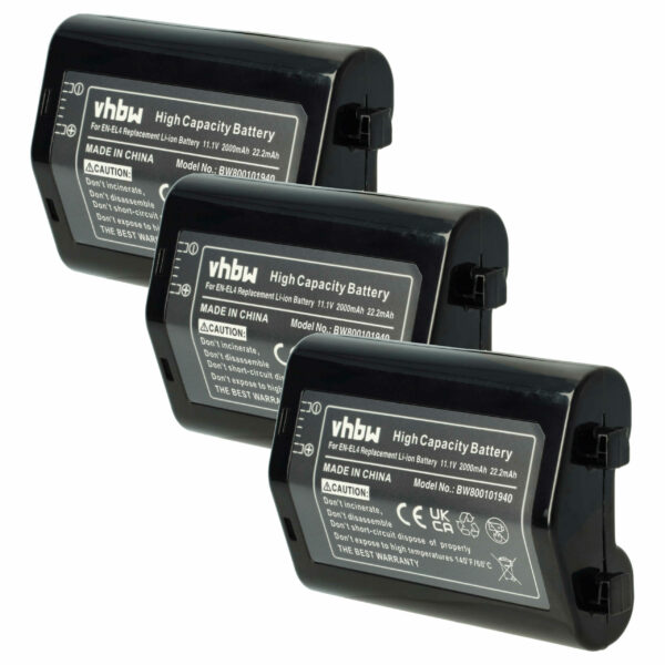 Bateria vhbw compatível Nikon EN-EL4 / EN-EL4a - 2000mAh, 11.1V, Li-Ion (Pack 3x)