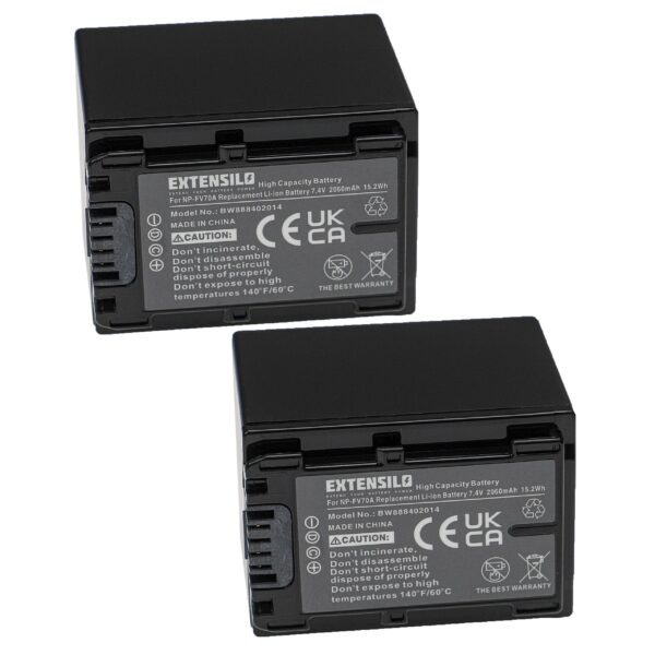 2x Bateria EXTENSILO NP-FV50, NP-FV100, NP-FV40, NP-FV30, NP-FV70, NP-FV60 - 2060mAh, 7.4V, Li-Ion para Sony