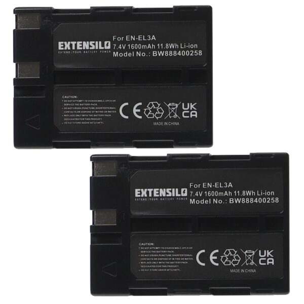 Pack de 2 Baterias EXTENSILO EN-EL3/EN-EL3a para Nikon - 1600mAh, 7.4V, Li-Ion