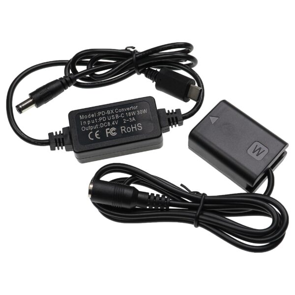 Alimentação USB para Câmara Sony AC-PW20 + Acoplador DC - vhbw 2m 8,4V 3,0A