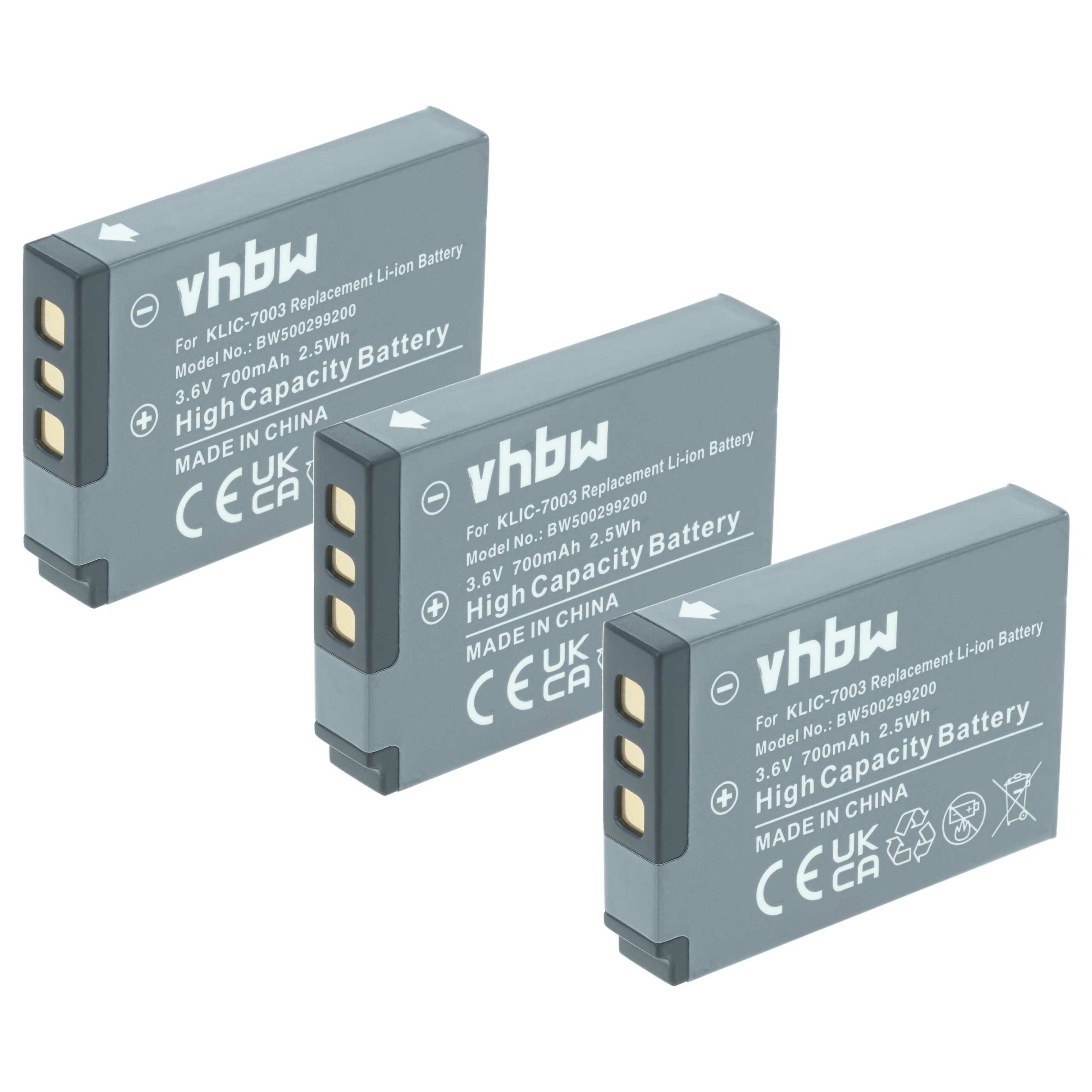 3x Bateria vhbw para Kodak Klic-7003 - 700mAh, 3.6V (Li-Ion)
