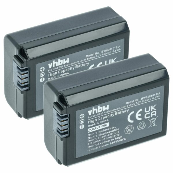 2x Bateria vhbw para Sony NP-FW50 - 950mAh, 7.2V, Li-Ion com Chip de Informação