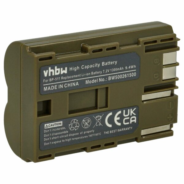 Bateria vhbw compatível com Canon BP-508, BP-535, BP-511A, BP-511, BP-522, BP-512, BP-514 - 1300mAh, 7.2V, Li-Ion