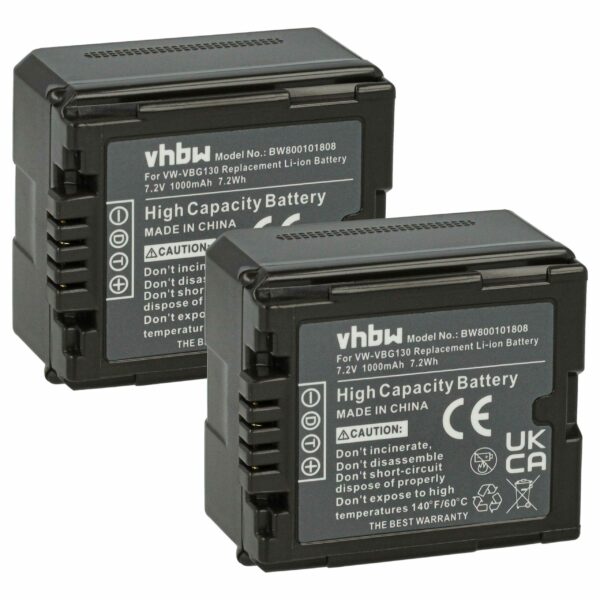 Bateria vhbw 2x para Panasonic VW-VBG070, VW-VBG130, VW-VBG260 - 1000 mAh 7.2 V Li-Ion