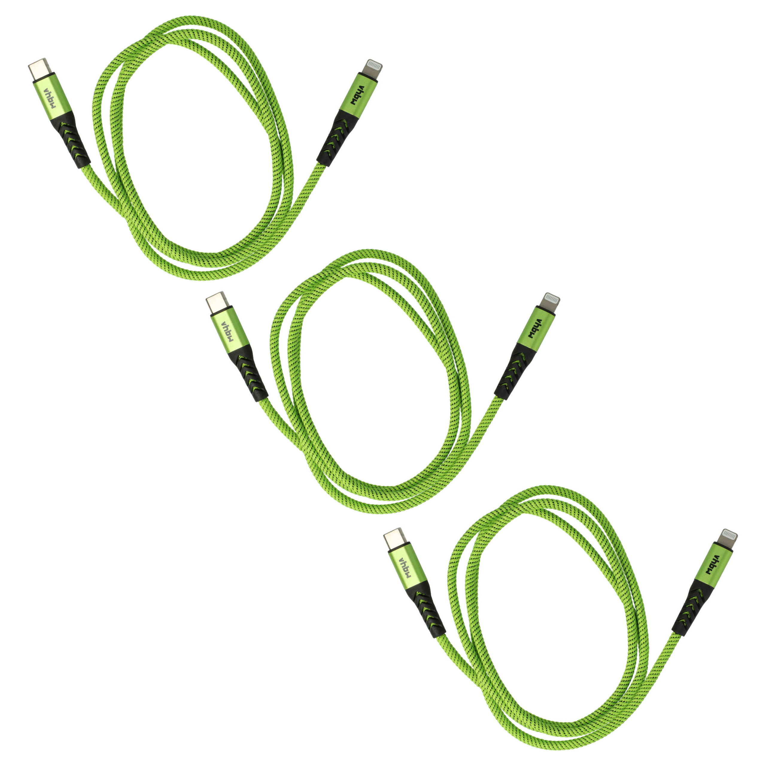 3x Cabo vhbw USB-C para Lightning - 100cm - Verde e Preto