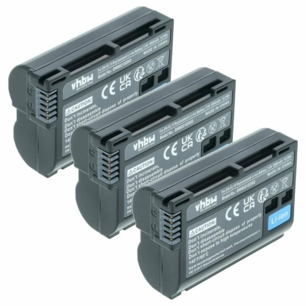 3x Bateria compatível Nikon EN-EL15, EN-EL15b, EN-EL15A, EN-EL15c - 2000mAh, 7V, Li-Ion com Chip de Informação