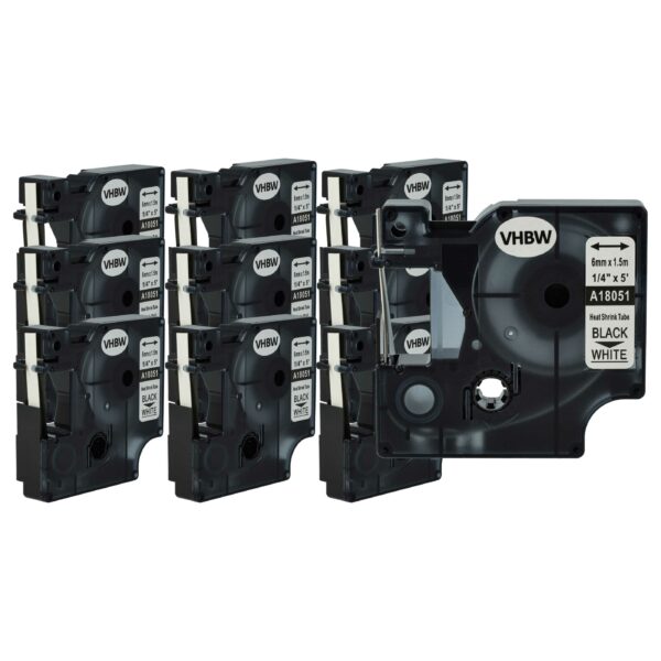 10x Fita Autocolante Dymo 18051 - Preto sobre Branco, Tubo Termorretrátil, 6 mm