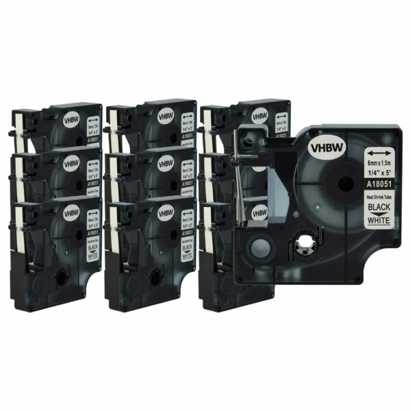 10x Fita Autocolante Dymo 18051 - Preto sobre Branco, Tubo Termorretrátil, 6 mm