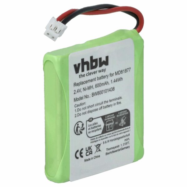 Bateria vhbw compatível com telefones Telstra DECT - 600 mAh, 2.4 V NiMH