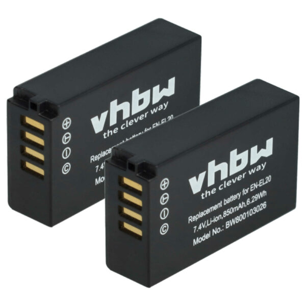 2x Bateria substitui Nikon EN-EL20a, EN-EL20 - 850mAh, 7.4V, Li-Ion