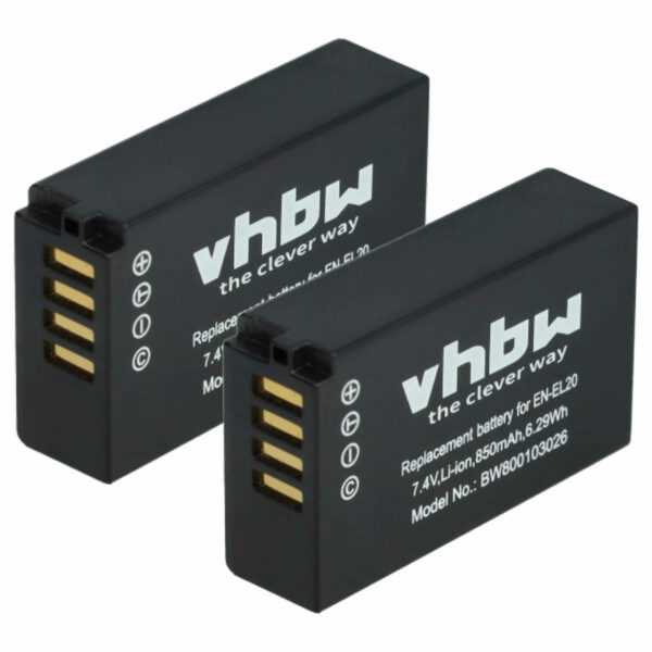 2x Bateria substitui Nikon EN-EL20a, EN-EL20 - 850mAh, 7.4V, Li-Ion