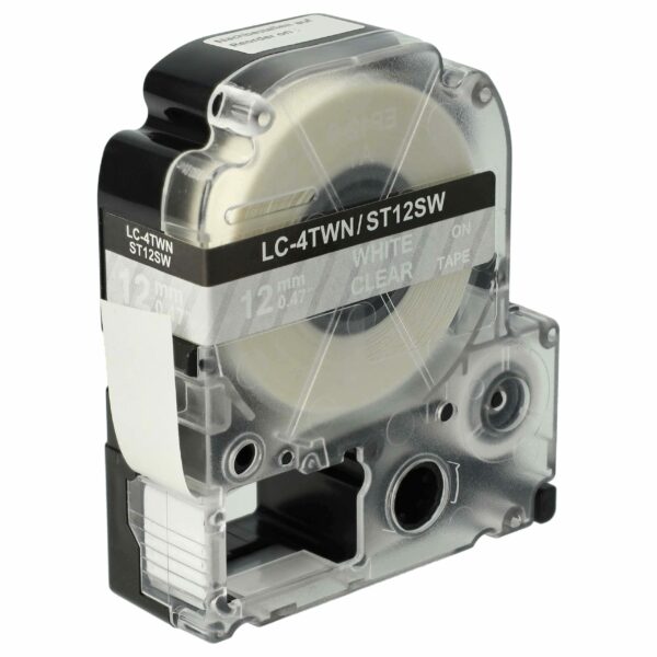 Fita de etiquetas compatível com Epson LC-4TWN - 12 mm branco sobre transparente