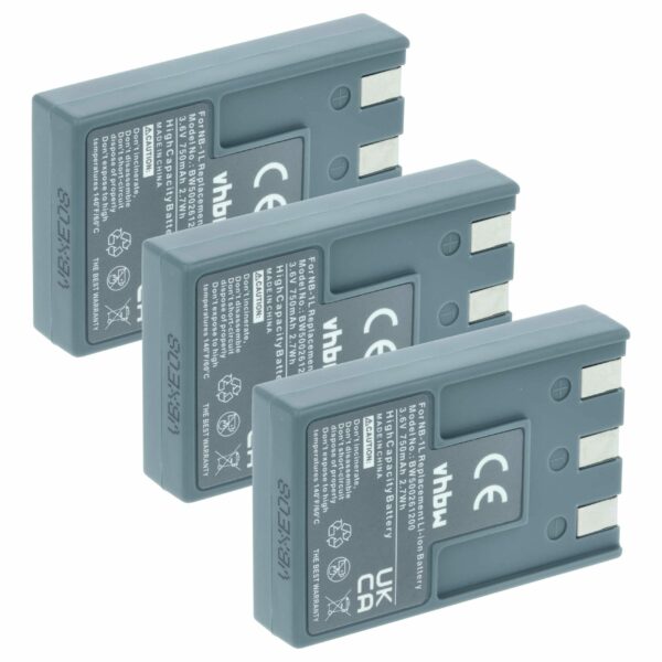 3 Baterias vhbw para Canon NB-1LH, NB-1L - 750mAh, 3.6V, Li-Ion