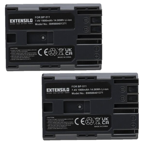 2x Bateria EXTENSILO para Canon BP-535, BP-512, BP-511A, BP-522, BP-514, BP-511, BP-508 - 1900mAh, 7.4V, Li-Ion