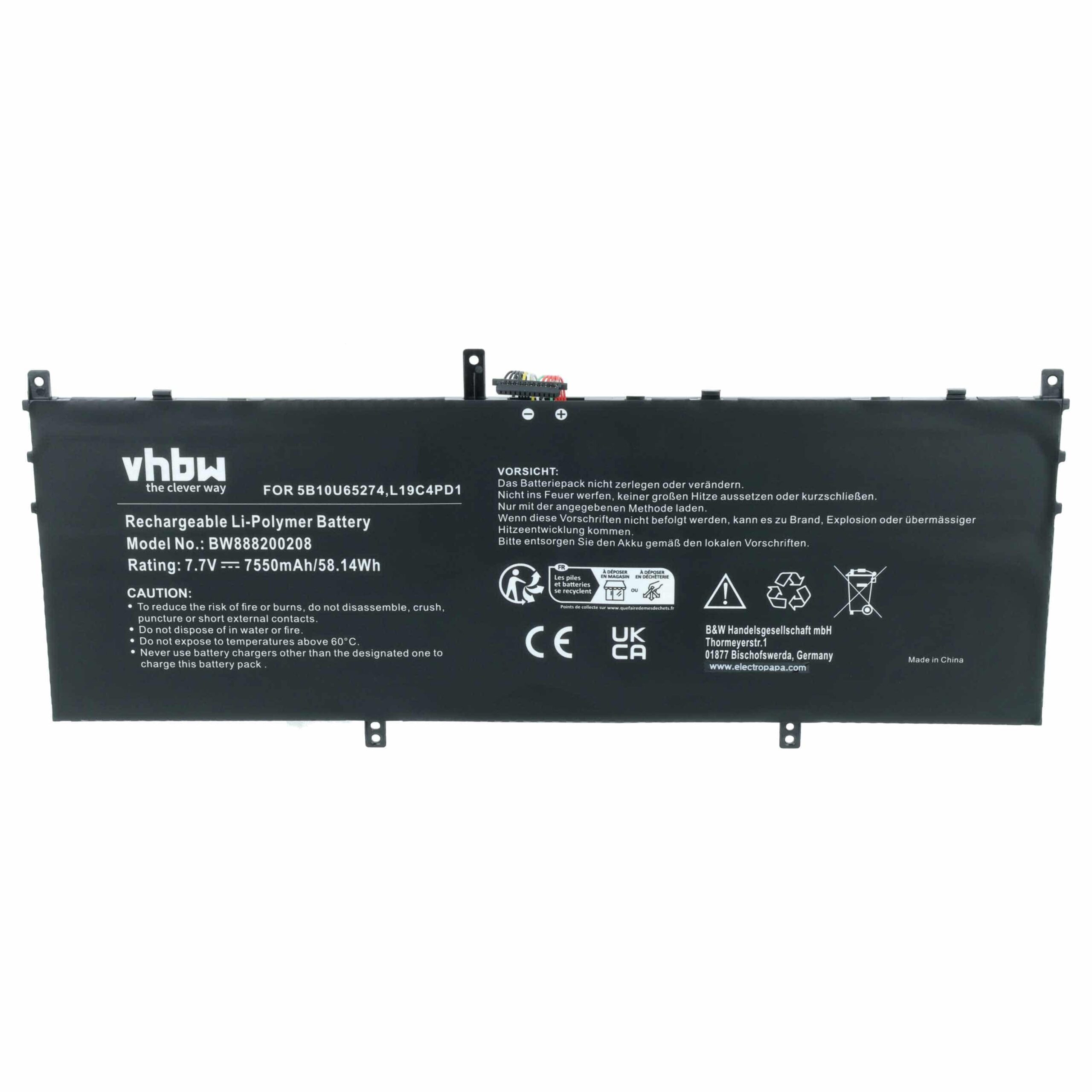 Bateria de Substituição para Lenovo vhbw 5B10U65274, 5B10U65275, L19C4PD1, L19D4PD1 - 7550 mAh 7.7 V Li-polímero - Image 3