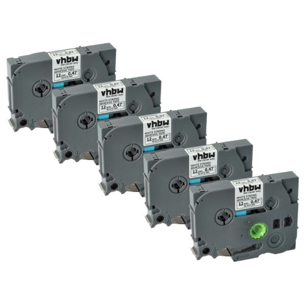 Pack 5x Fita de Etiquetas vhbw compatível Brother TZE-S231 - 12 mm Preto em Branco, Extra Resistente