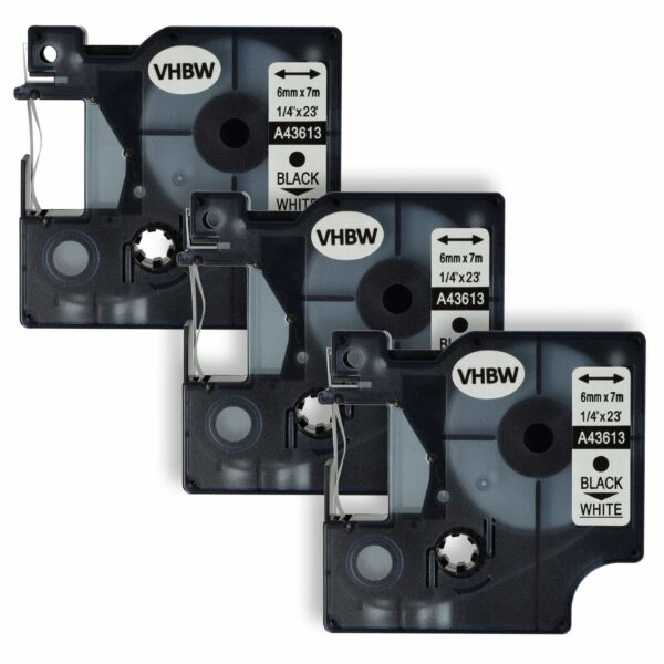 3x Fita para Etiqueta vhbw substitui Dymo D1, 43613 - 6 mm Preto sobre Branco