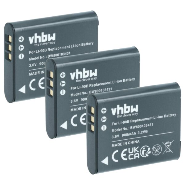 3x Baterias vhbw para Olympus Li-92B, Li-90B - 900mAh, 3.6V