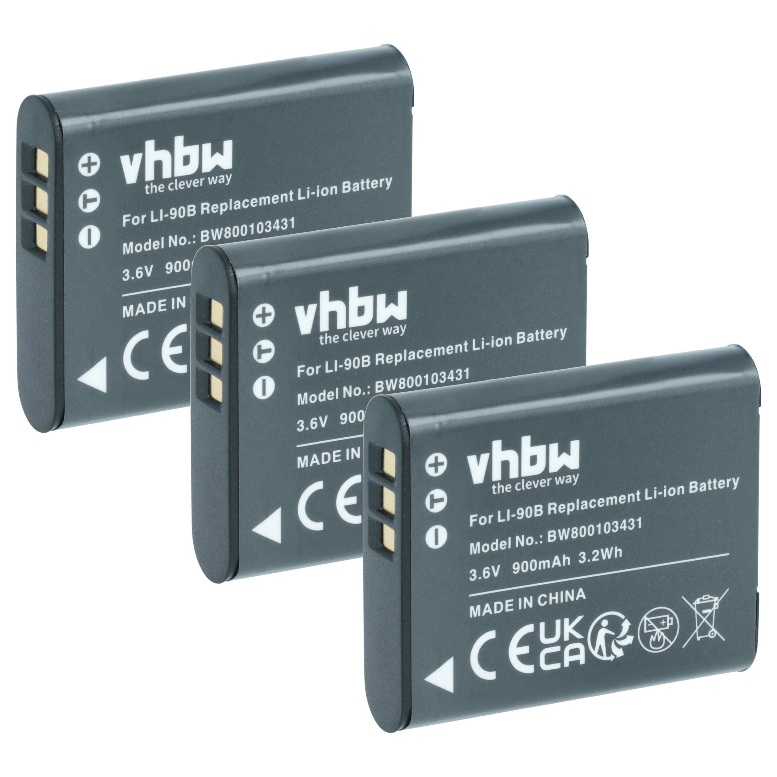 3x Baterias vhbw para Olympus Li-92B, Li-90B - 900mAh, 3.6V