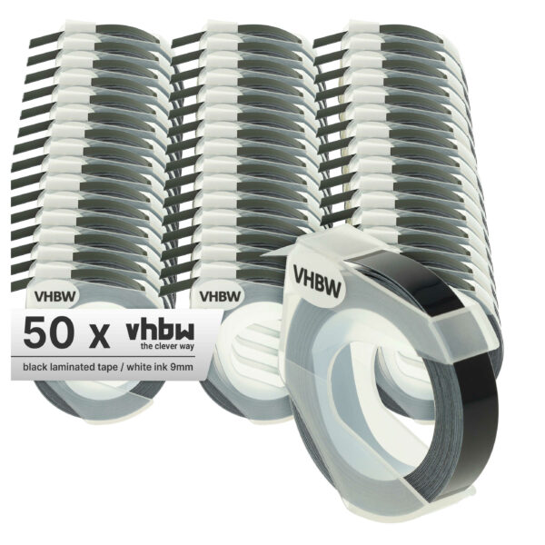 Pack 50x Fita de Etiquetas 3D vhbw compatível com Dymo 520109, 0898130, S0898130 - 9 mm Branco sobre Preto